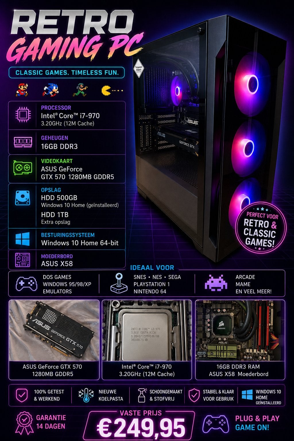 Retro Gaming PC – i7-970 | 16GB RAM | GTX 570 | 1,5TB | RGB, Ophalen, Zo goed als nieuw, Gaming, HDD