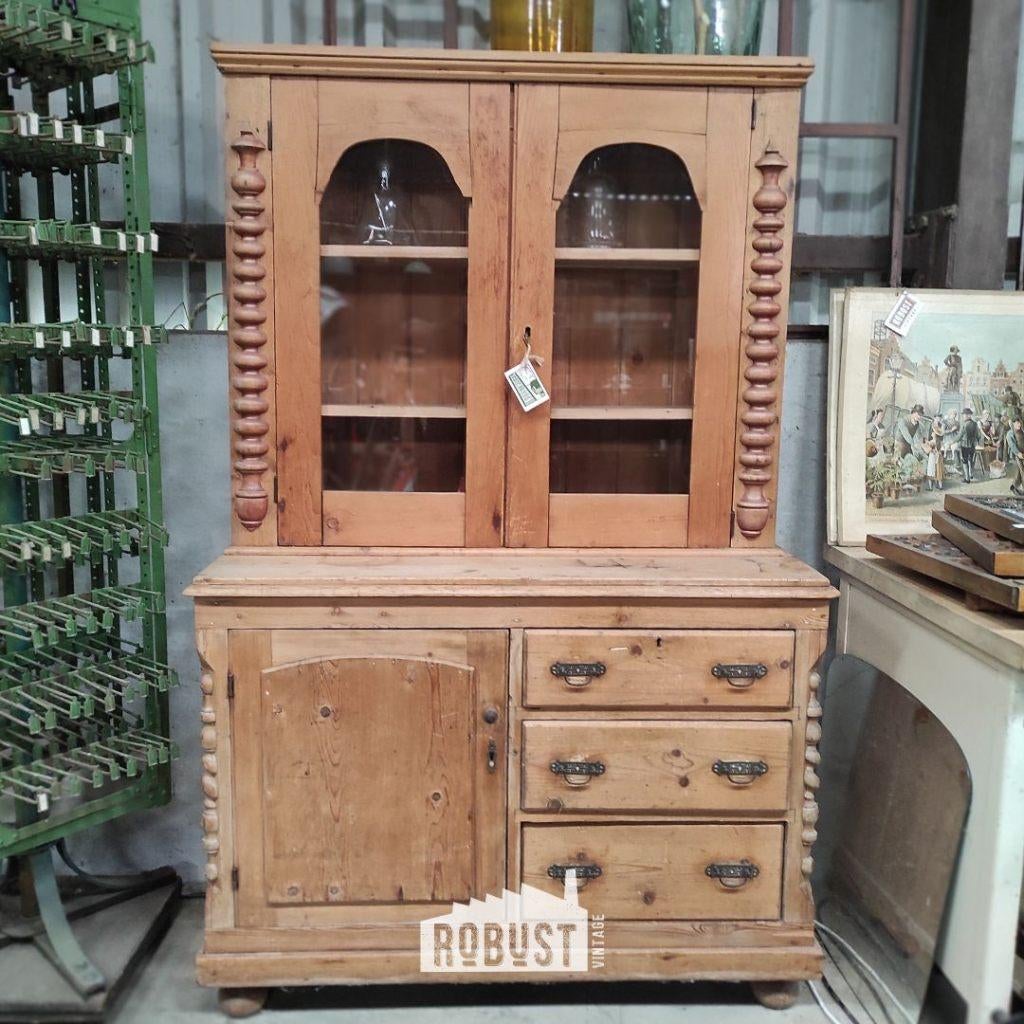 Grenen buffetkast / vitrinekast / servieskast met glas, Huis en Inrichting, Kasten | Buffetkasten, Gebruikt, 150 tot 200 cm, 100 tot 150 cm