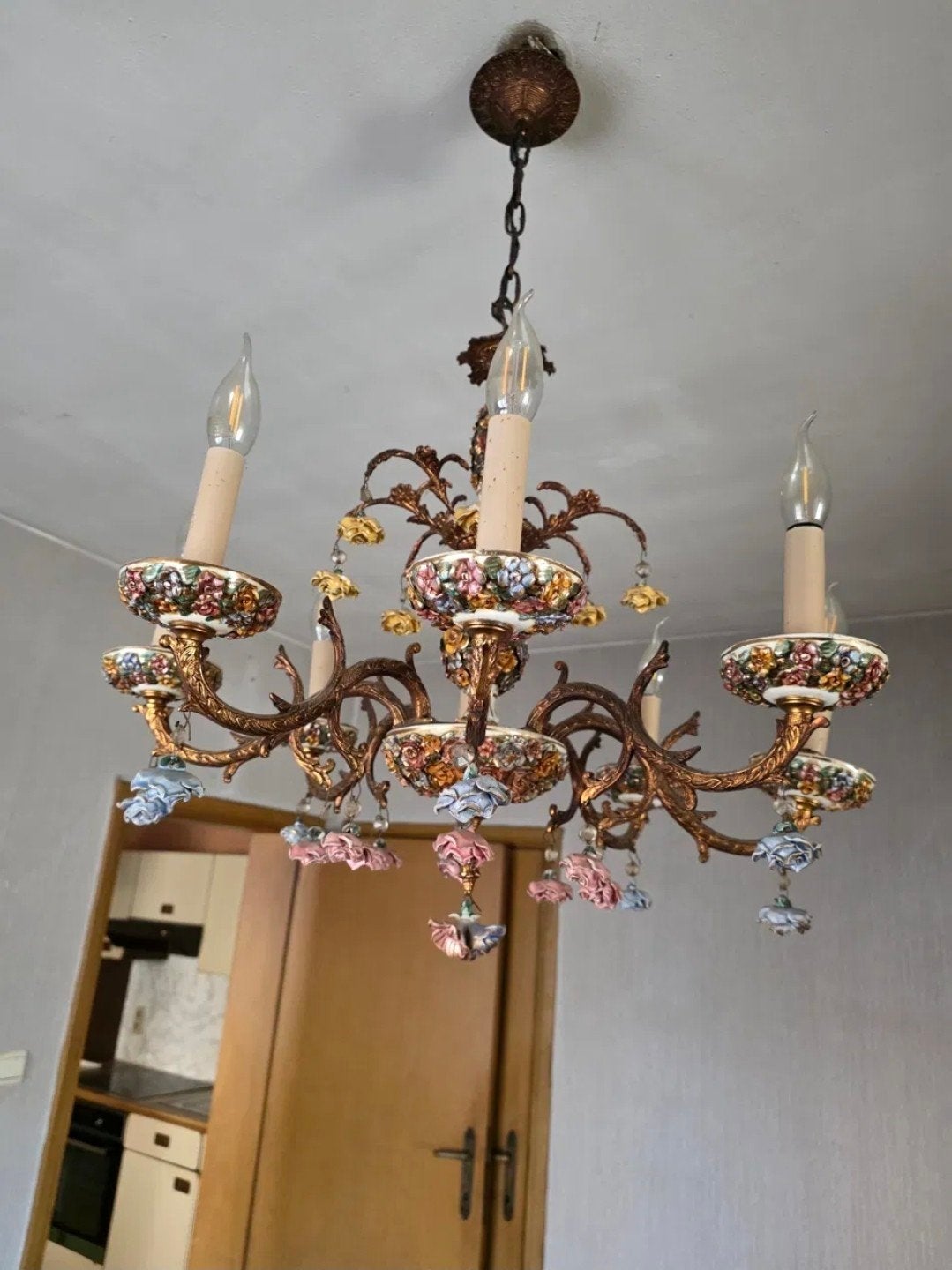 Prachtige Capodimonte porseleinen kroonluchter 8 armen, Ophalen