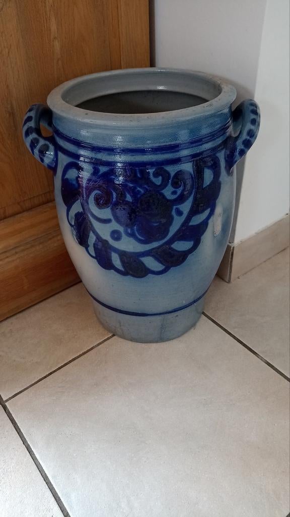 Oude grote steengoed pot blauw/grijs, Tuin en Terras, Bloempotten, Ophalen