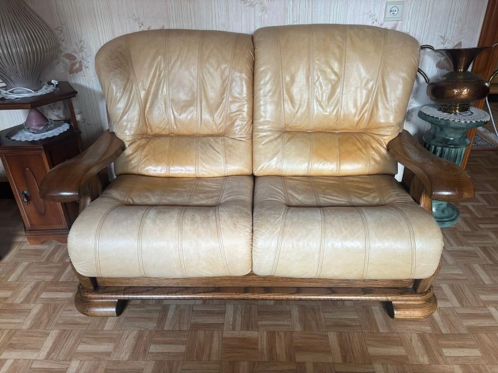 Salon complet cuir vintage + bois massif (4 pièces), Enlèvement