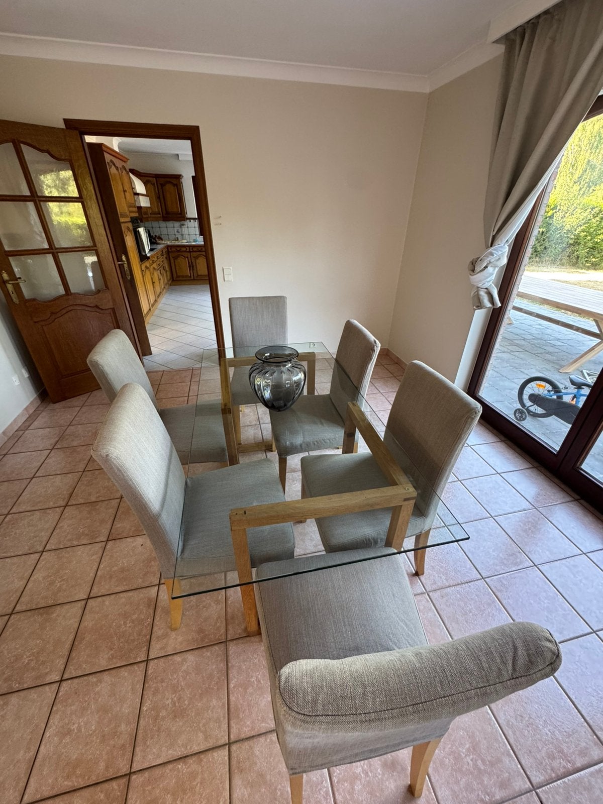Table en verre + 6 chaises, Maison & Meubles, 150 à 200 cm, Cinq personnes ou plus, Verre, Enlèvement