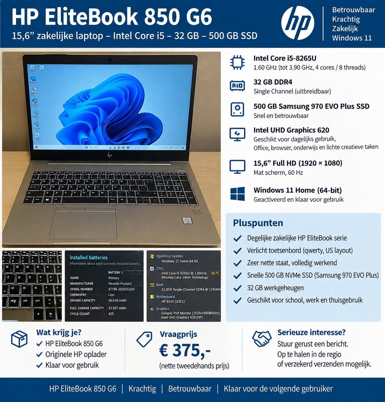 HP EliteBook 850 G6 – i5-8265U – 32GB RAM – 500GB NVMe SSD –, Ophalen, Qwerty, 32 GB, SSD