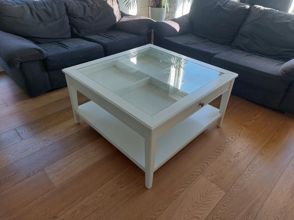 Salontafel, wit, met glazen blad, schuif en legger, Ophalen, Gebruikt, 50 tot 100 cm, 50 tot 75 cm