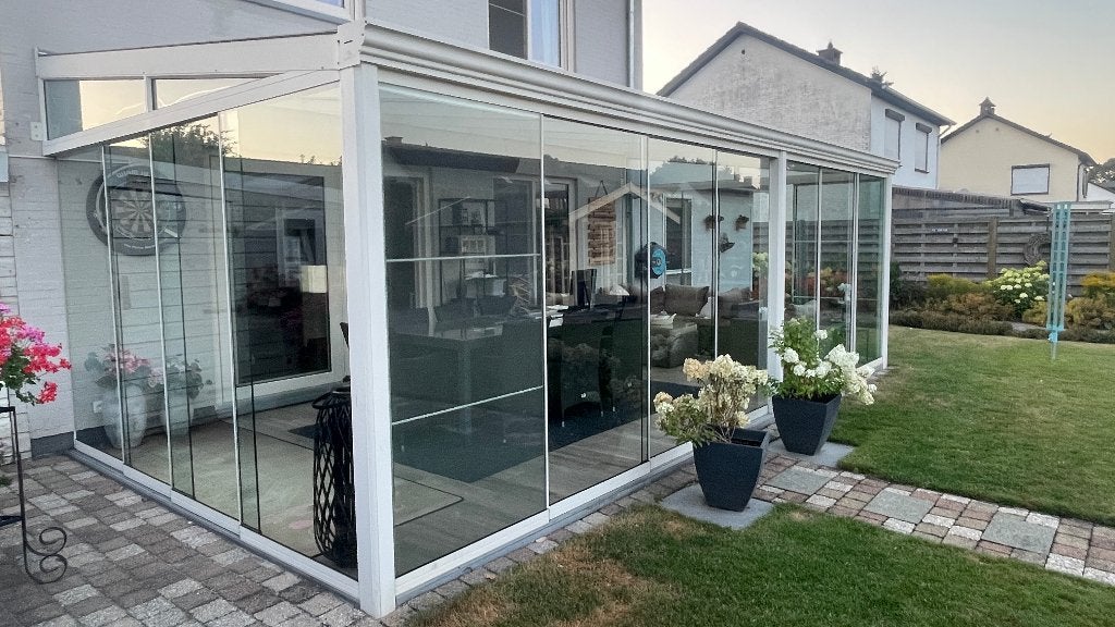 Terrasoverkapping/veranda inclusief glazen schuiframen., Tuin en Terras, Overkappingen, Gebruikt, Veranda, Ophalen