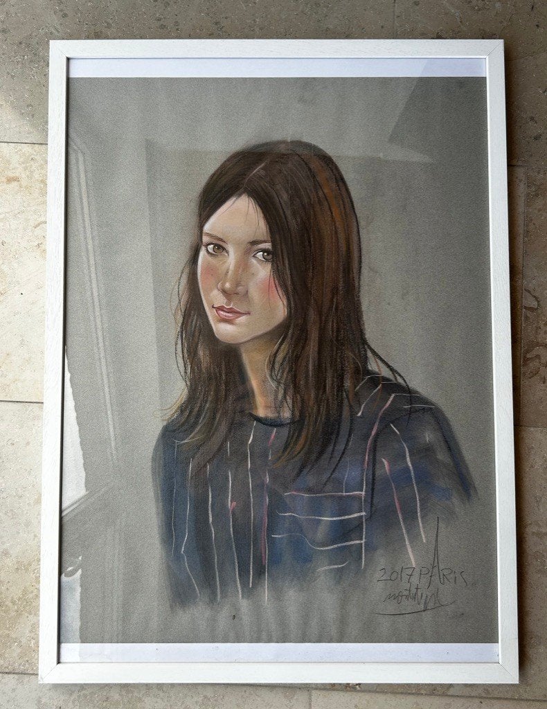 Pastel op papier, portret meisje, Parijs 2017, Ophalen, Tekening, Pasteltekening, Handgemaakt