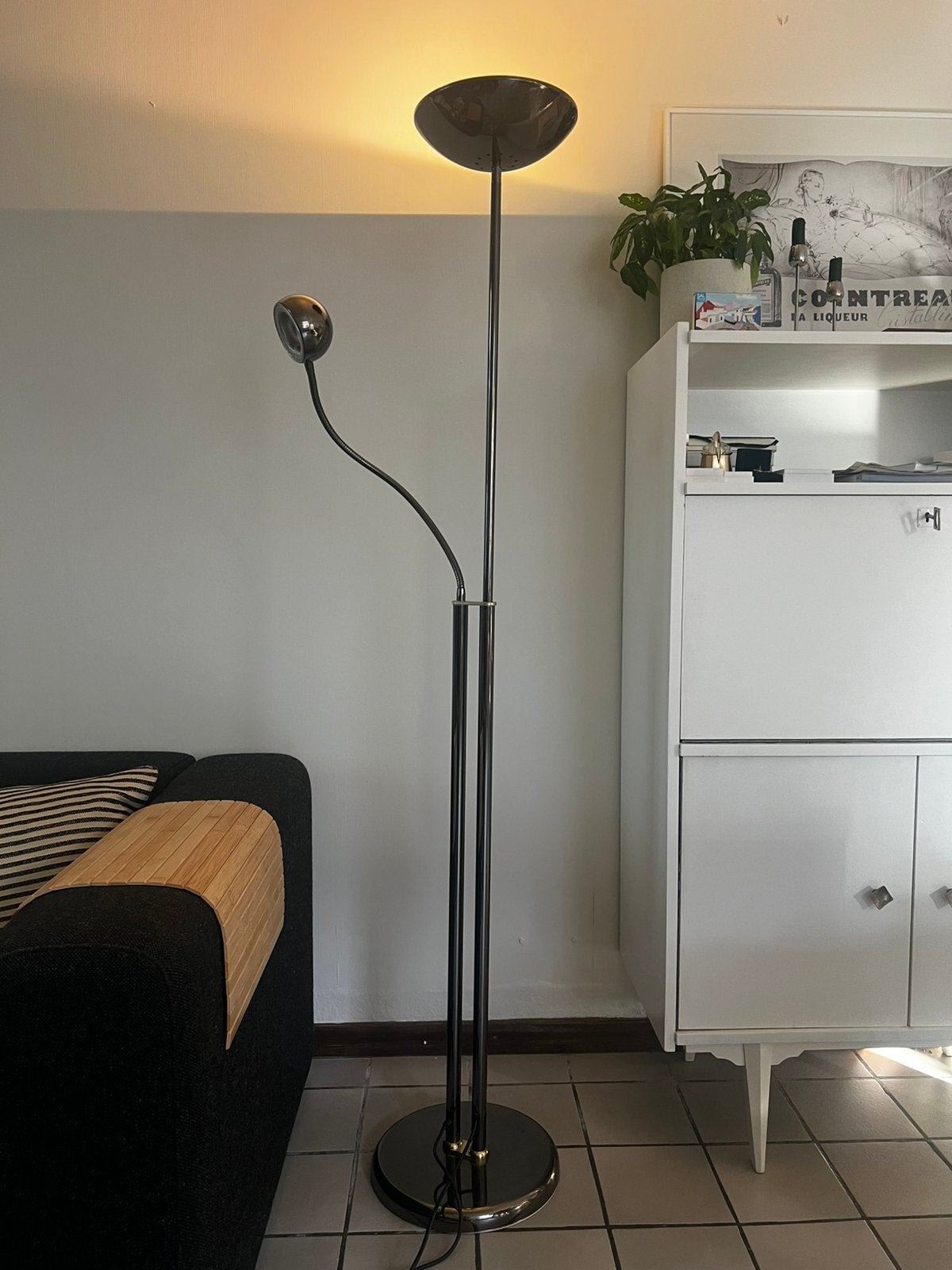 Vintage 80s uplighter vloerlamp – chroom/zwart, Enlèvement, Utilisé, Métal, 150 à 200 cm