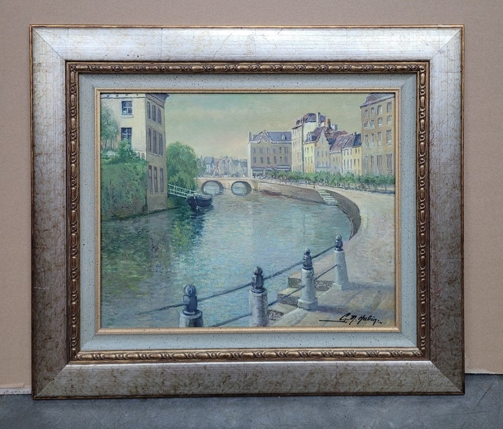Gilbert Maurice HUBIN, stadsgezicht te Lier, Enlèvement ou Envoi, Panneau, Paysage urbain / rural, Signé