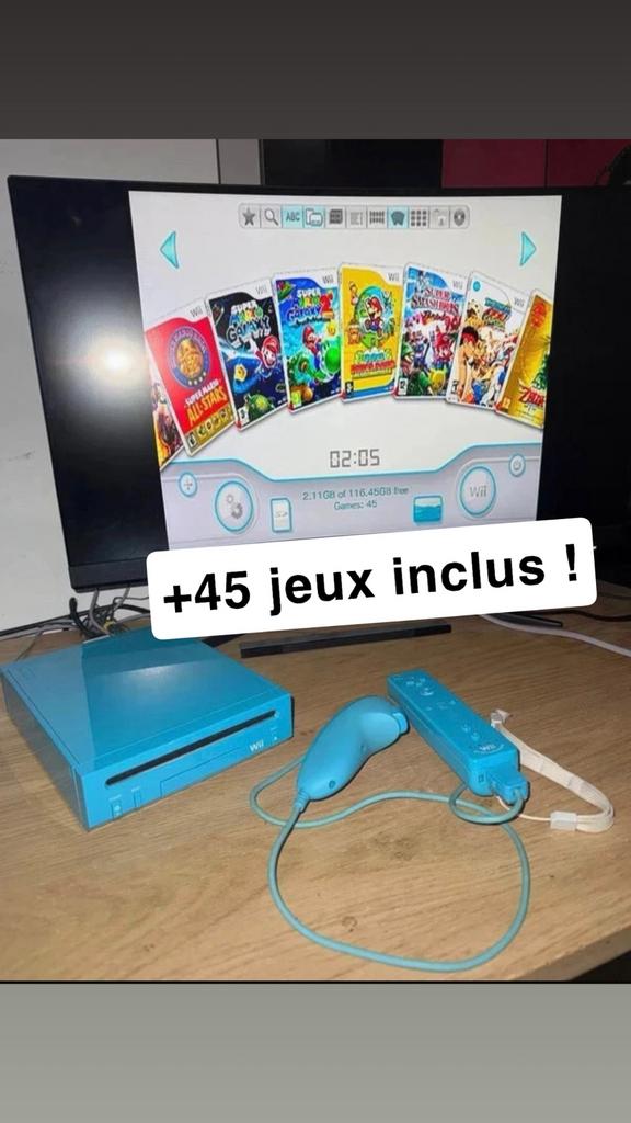 Blue Wii +45 games inbegrepen, Ophalen of Verzenden, Zo goed als nieuw, Met 1 controller, Met games