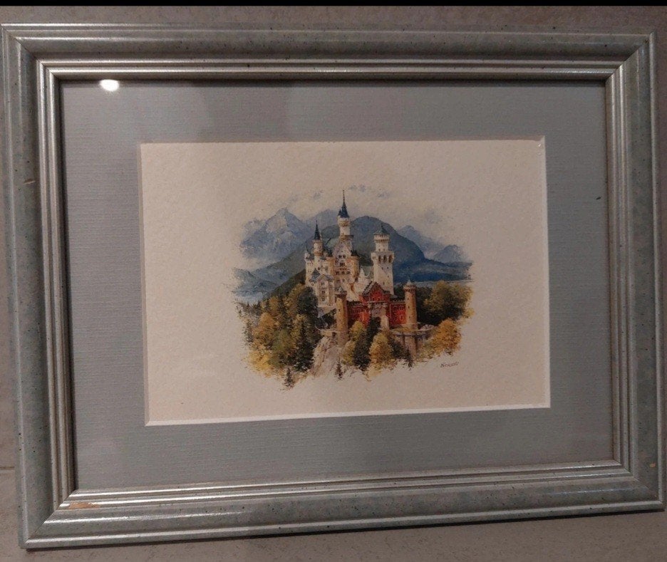 Aquarelle chateau Neuschwanstein en Baviere, Antiquités & Art, Enlèvement, Vintage, Aquarelle, Autres sujets