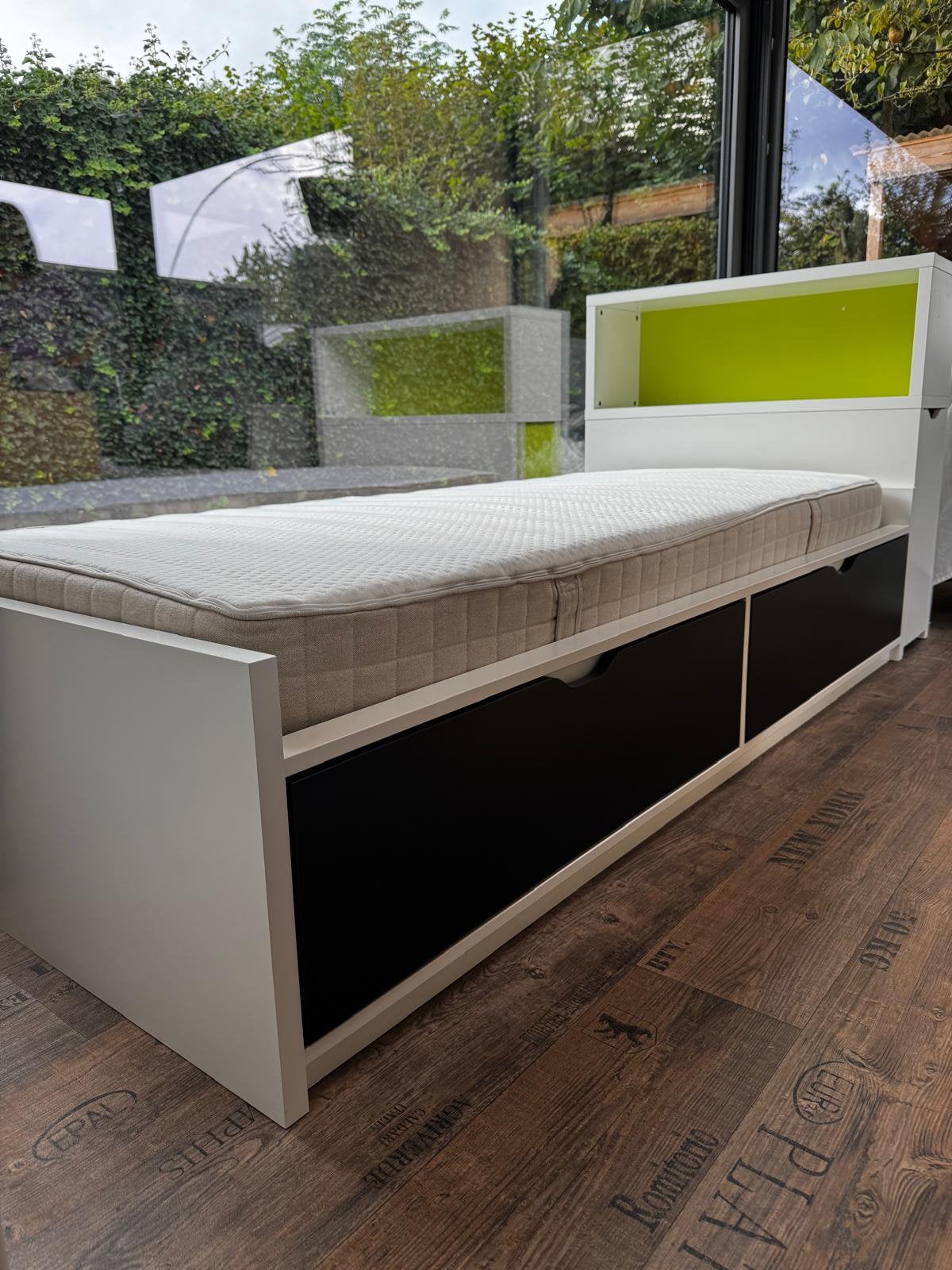 Bed Ikea Flaxa+natuurlatex matras +hoofdeinde met bergruimte, 85 tot 100 cm, Gebruikt, 180 cm of meer, Ophalen