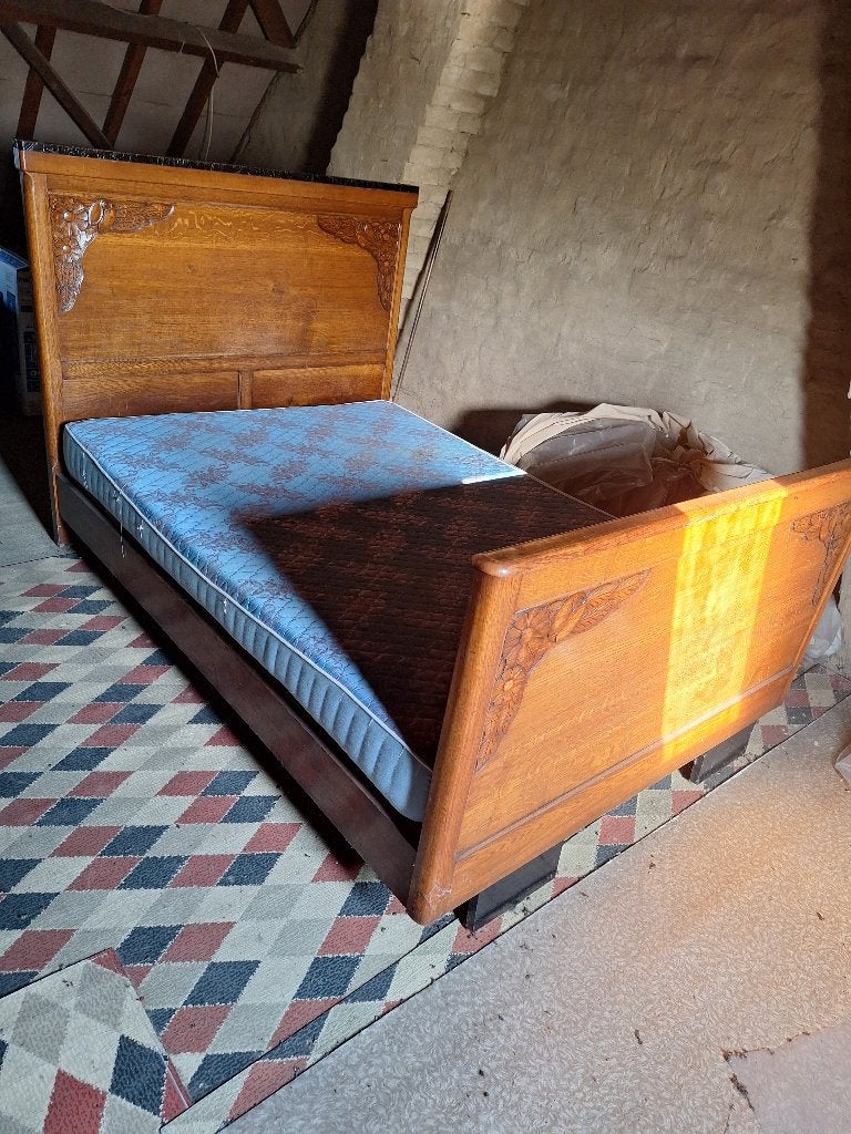 Antiek  2persoonsbed gratis, Vintage, 140 cm, Brun, Enlèvement