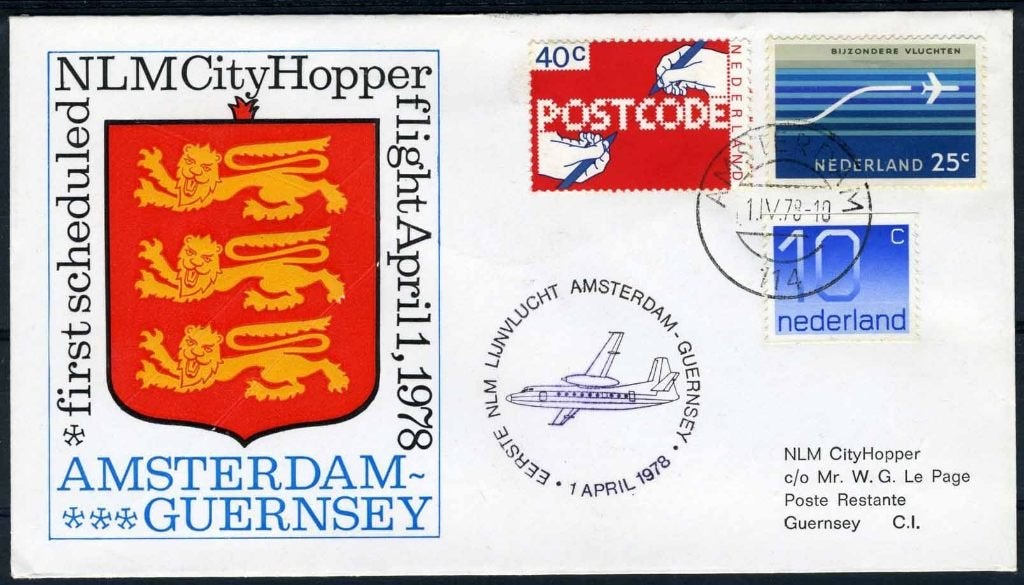 NEDERLAND 1e VLUCHT NLM City Hopper AMSTERDAM - GUERNSEY, Verzenden, Na 1940, Gestempeld