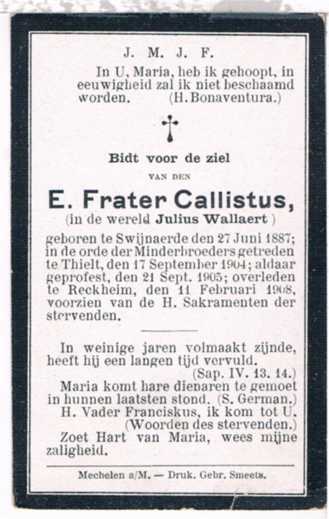 E. Frater Callistus. ° Swijnaerde 1887 † Reckheim 1908, Ophalen of Verzenden, Bidprentje