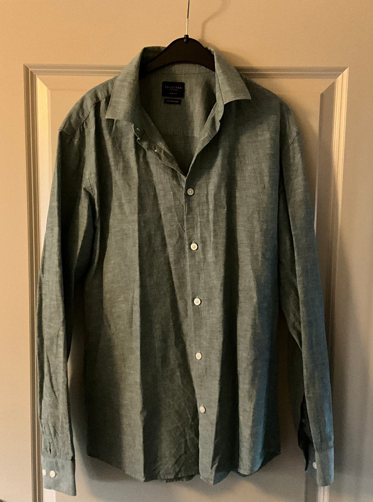 Chemise pour homme en coton/lin Selected Homme — taille 40, Enlèvement ou Envoi, Comme neuf, Bleu, Tour de cou 39/40 (M)