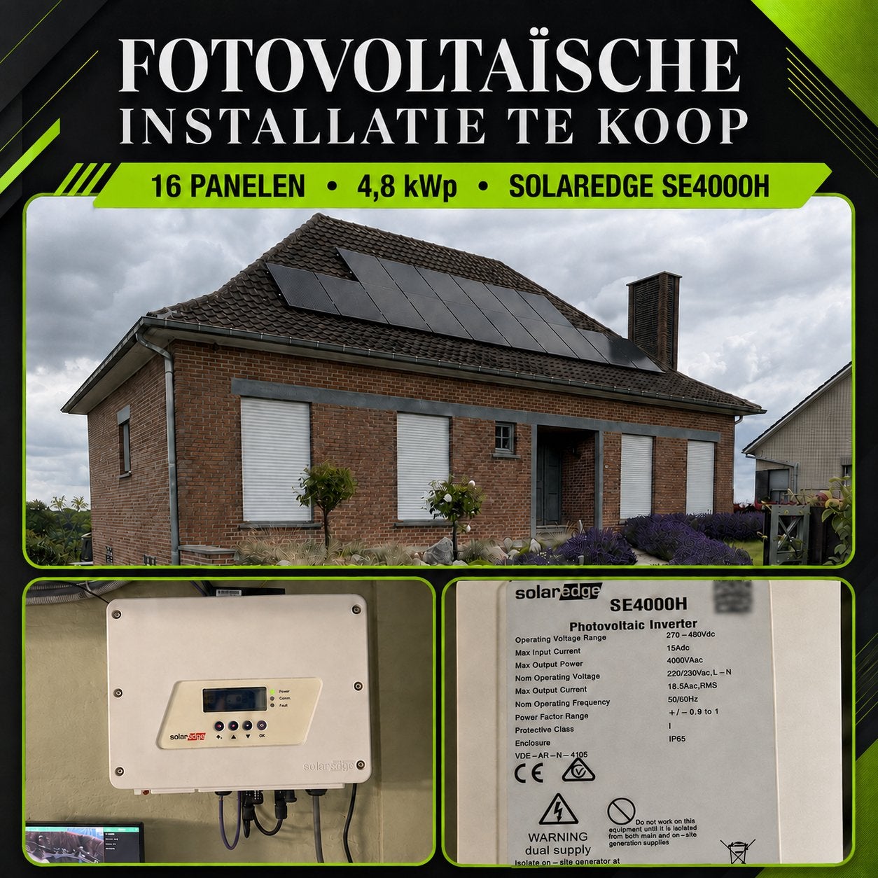 ZONNEPANELENINSTALLATIE TE KOOP solaredge omvormer – 4,8 kWp, Enlèvement, Utilisé, Système complet