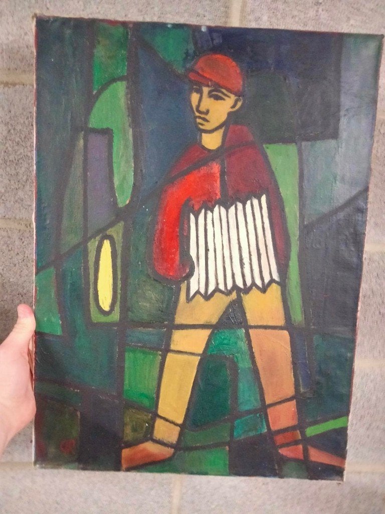 vintage schilderij olieverf op doek abstract accordeon, Ophalen of Verzenden