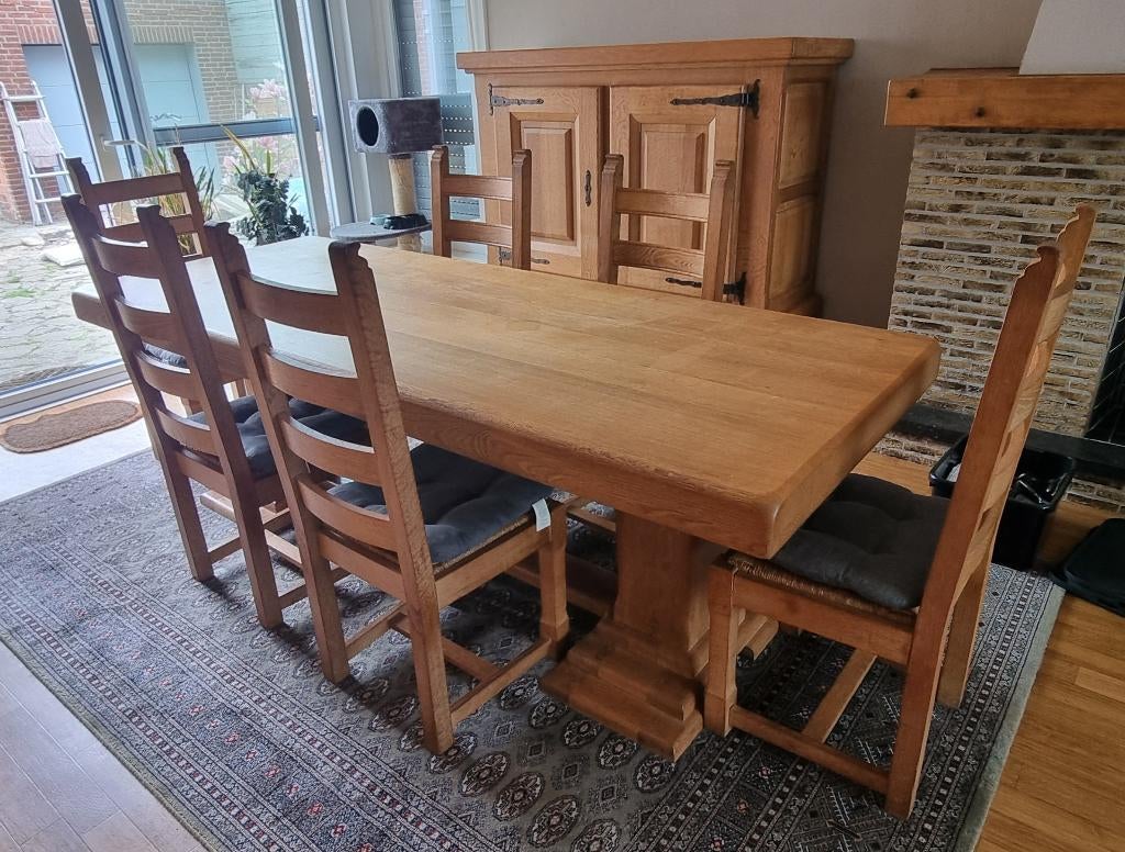 Massief eiken eetkamer, Ophalen, Gebruikt, Vlaams, 4 tot 6 stoelen