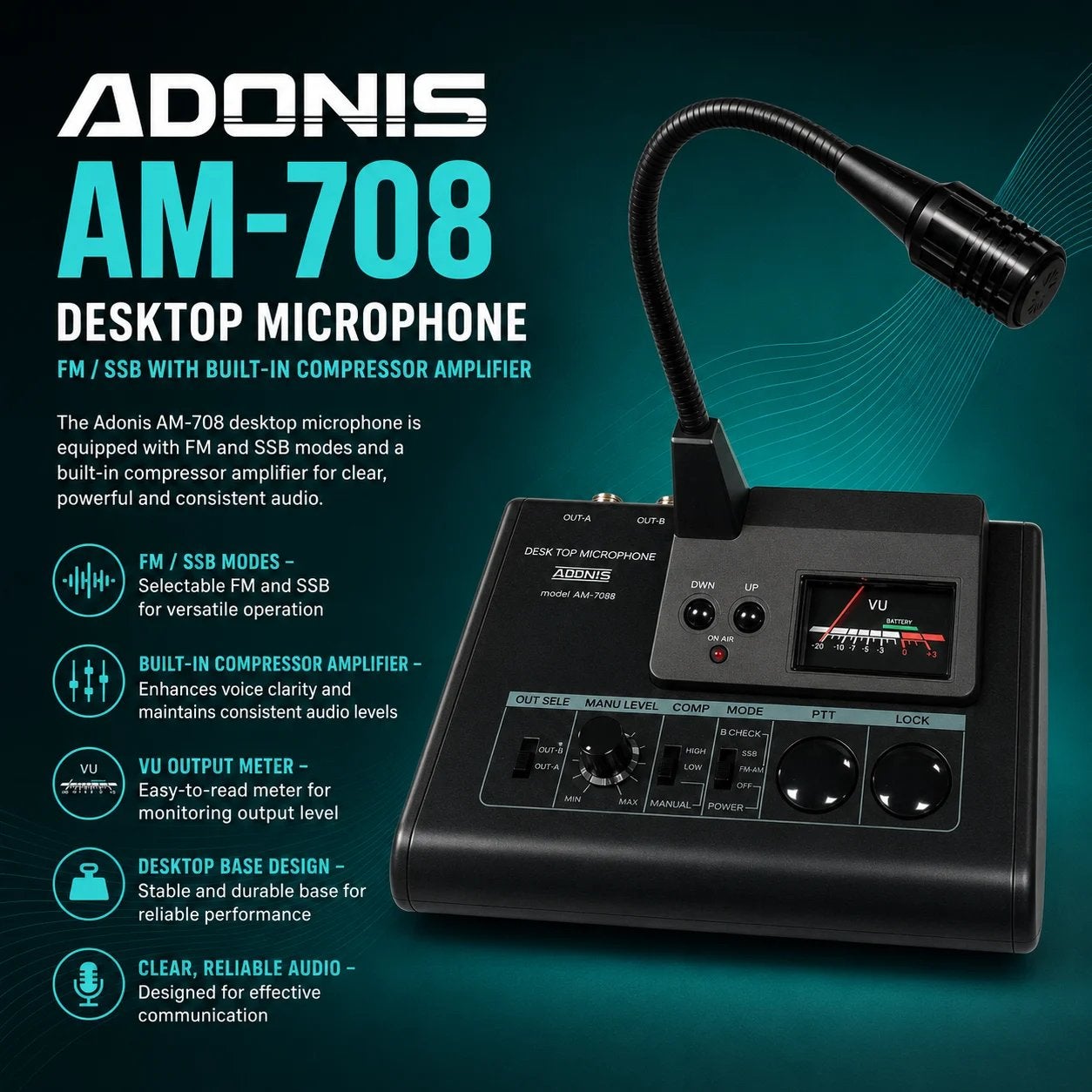 ADONIS AM-708E - DESK MICROPHONE, Telecommunicatie, Ophalen of Verzenden, Zo goed als nieuw