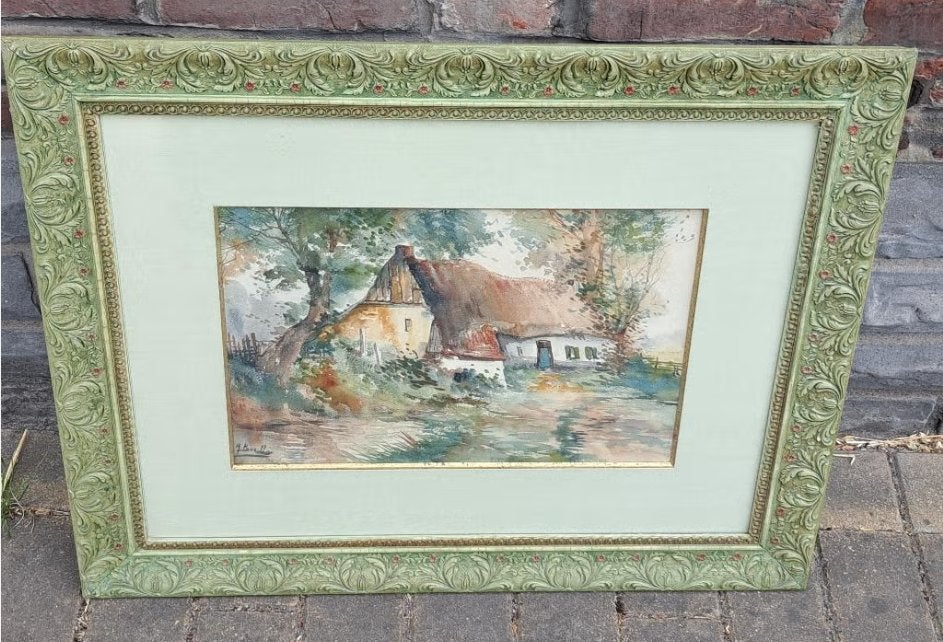 aquarelle maison signe, Ophalen of Verzenden, Aquarel