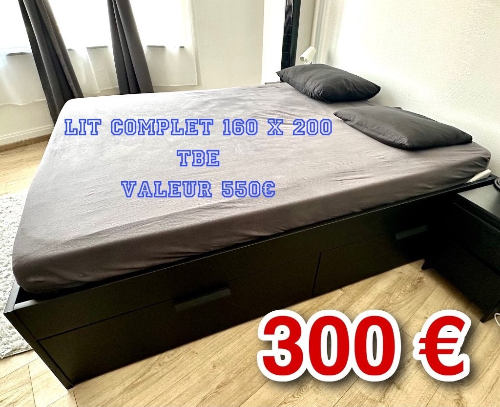 LIT IKÉA comprenant sommier, tiroirs et matelas, Enlèvement, Comme neuf, Queen size, SOBRE MODERNE