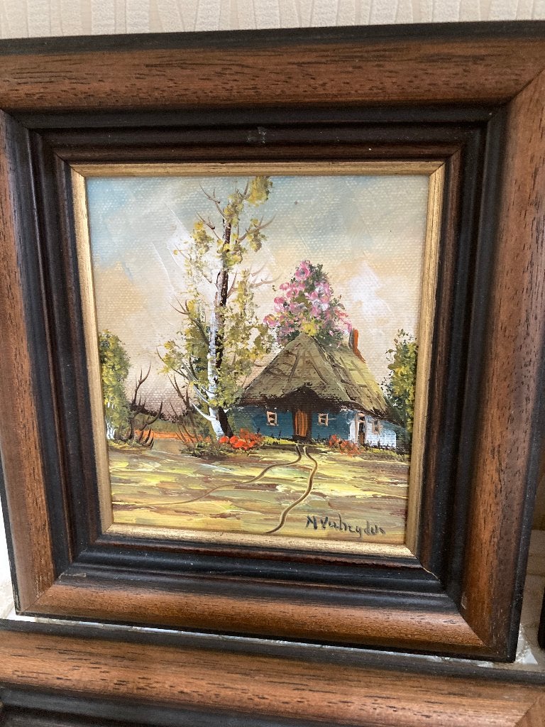 4 jaargetijden schilderijtjes op doek van Nora Verheyden, Ophalen of Verzenden, Ingelijst, Stads- / dorpsgezicht, Doek