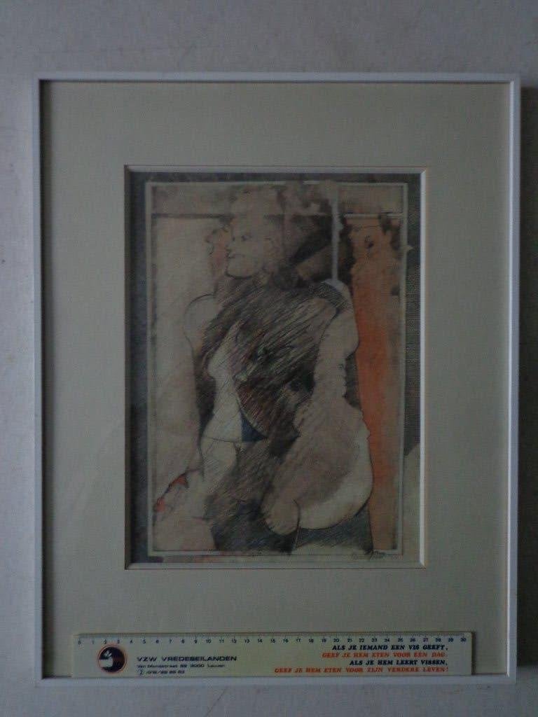 tekening van Reinold Poot "Zittende vrouw" uit 1984, Antiquités & Art, Enlèvement, Dessin, Numéroté