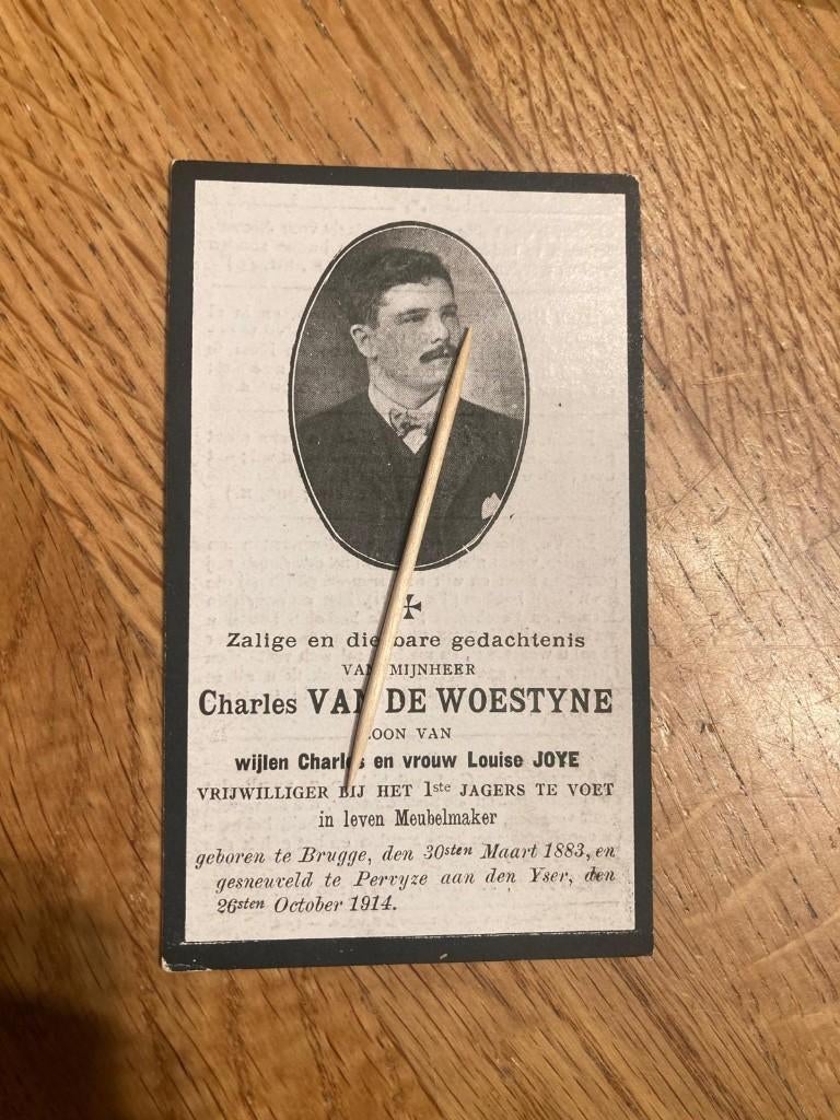 Oorlogsslachtoffer WO1 Brugge, Pervijze, 1914, Vrijwilliger, Verzamelen, Verzenden, Bidprentje