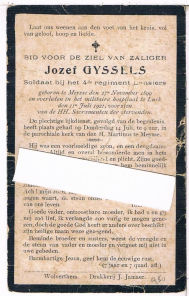 Gyssels Jozef. ° Meysse 1899 † Milit. Hospitaal te Luik 1921, Verzamelen, Bidprentjes en Rouwkaarten, Ophalen of Verzenden, Bidprentje