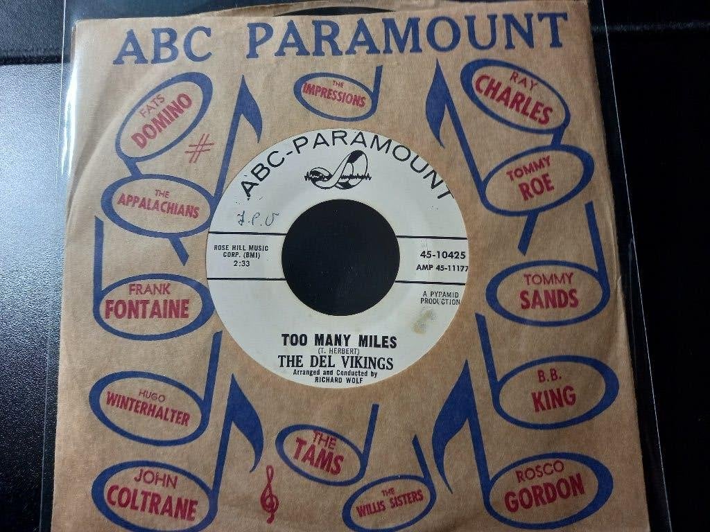 Les Del Vikings‎ — Too Many Miles '7 Popcorn, Northern Soul , Housse de protection extérieure, 7 inch, Comme neuf, Autres types