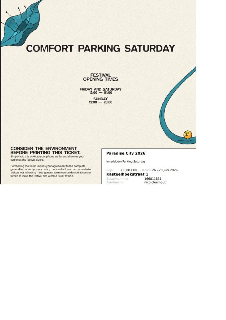 Innerbloom Parking (vip) paradise city zaterdag, Tickets & Billets, Une personne, Juin