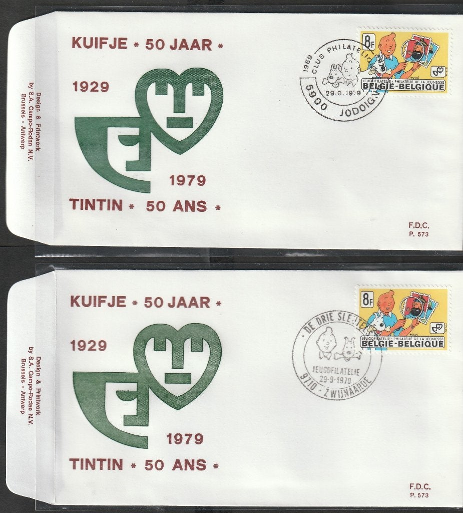 2 fdc's Jeugdfilatelie 1979 Kuifje, Met stempel, Ophalen of Verzenden, Gestempeld, 1e dag stempel