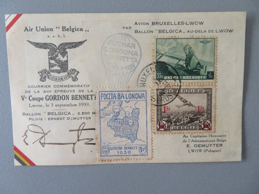 1939 Gordon Bennett ballon race gesigneerd Ernest Demuyter, Verzenden, Envelop