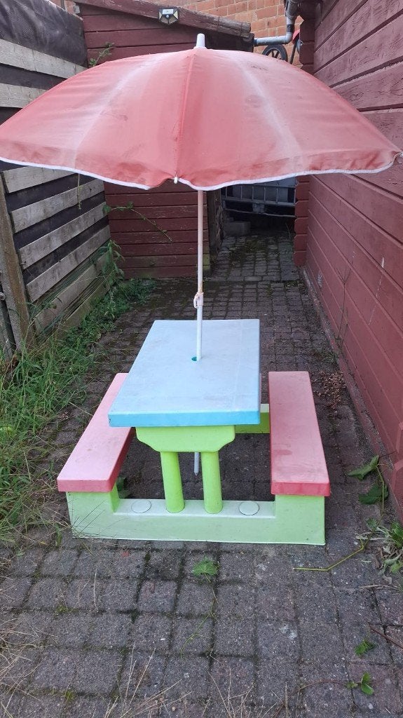 Kinderpicknicktafel + Parasol, Jardin & Terrasse, Enlèvement, Utilisé, Table de pique-nique pour enfants