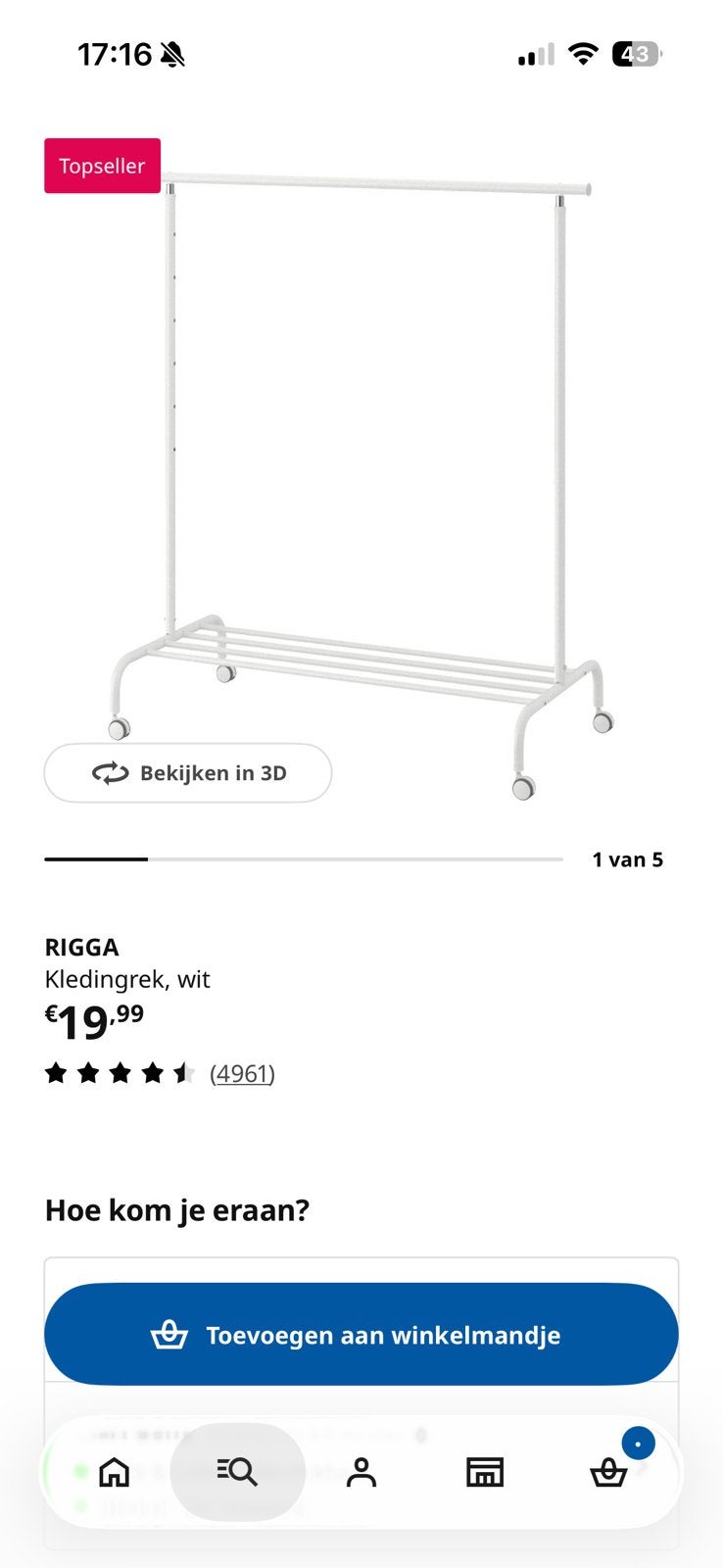 RIGGA Ikea kledingrek wieltjes met schoenenrek, Ophalen, Met wielen, Gebruikt