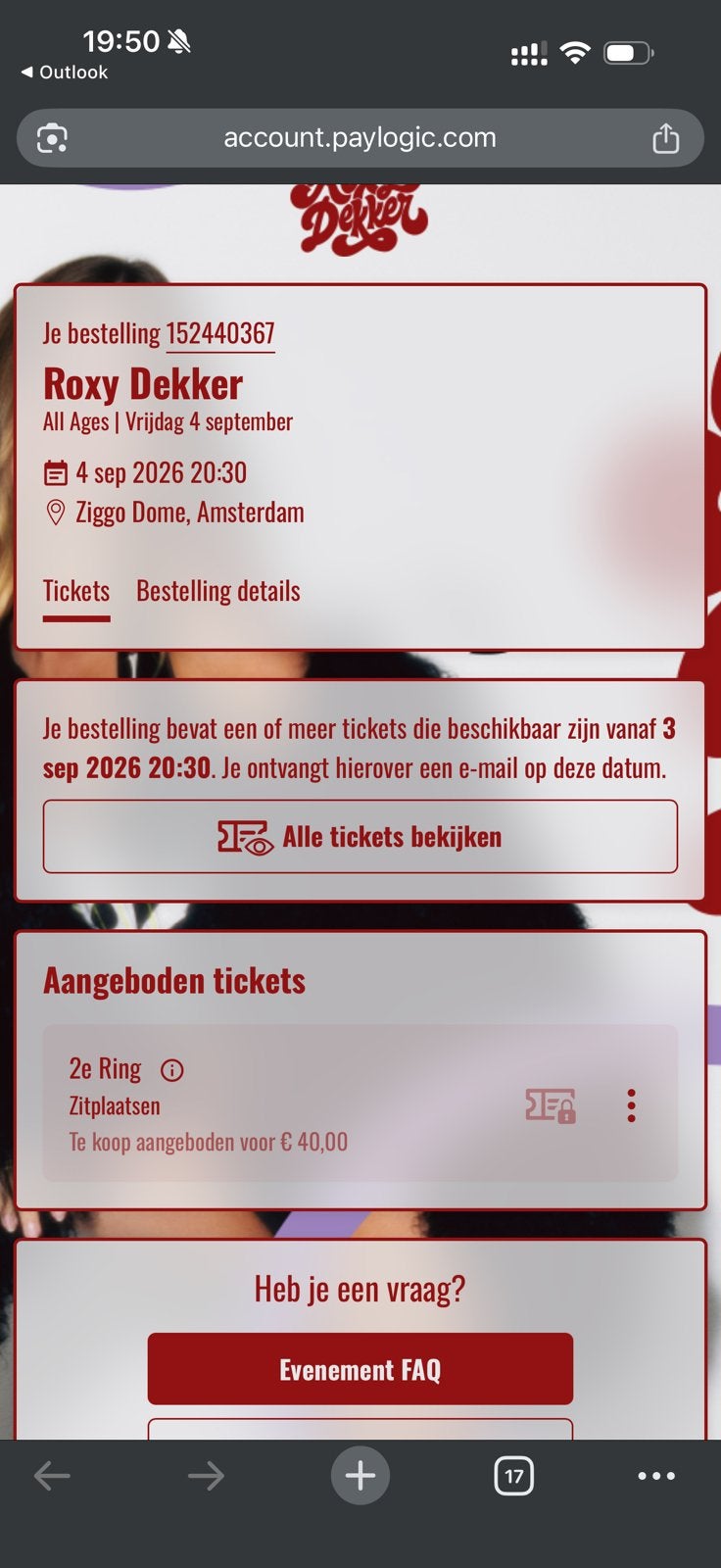 Roxy dekker ticket. Ziggo dome 4 september, Ophalen of Verzenden, Zo goed als nieuw