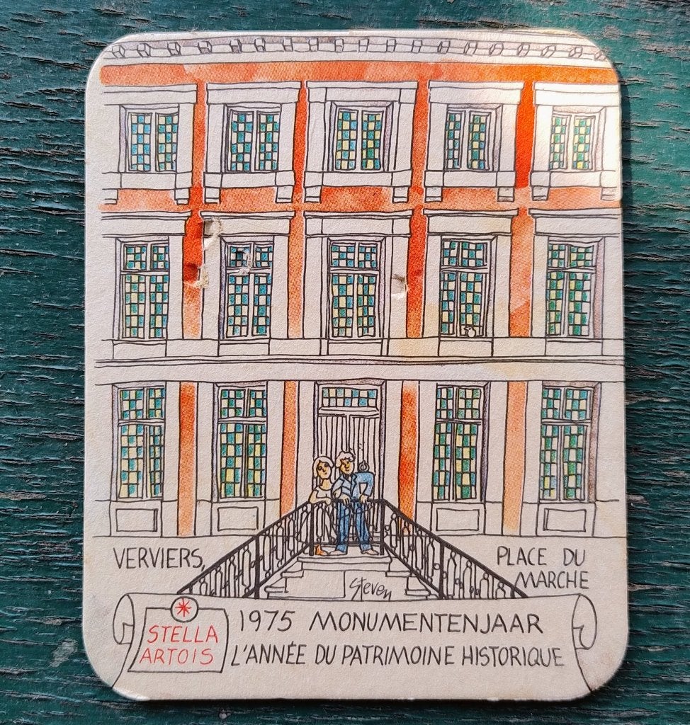 Vintage bierkaartje Stella Artois 1975 Monumentenjaar, Verzamelen, Ophalen of Verzenden, Stella Artois