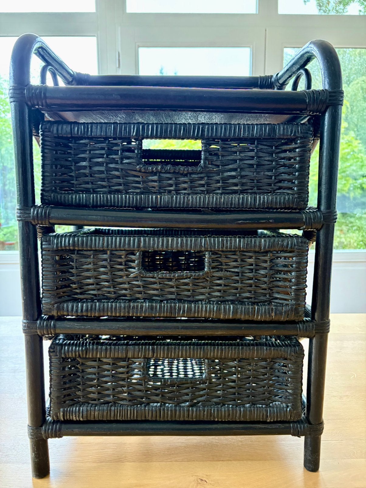 Zwart rotan ladekastje met 3 schuiven, Ophalen, Minder dan 50 cm, Gebruikt, 3 of 4 laden
