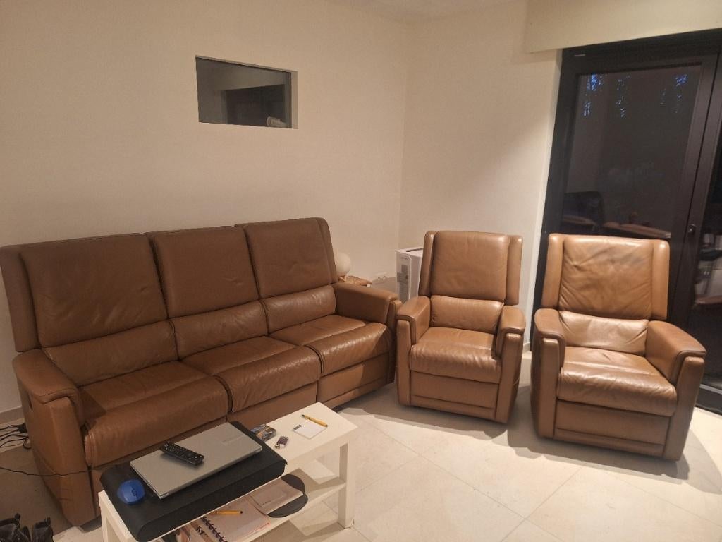 Lederen relaxzetel 3-zit+2 relaxzetels – elektrisch – bruin, Ophalen, Gebruikt, Leer, 75 tot 100 cm