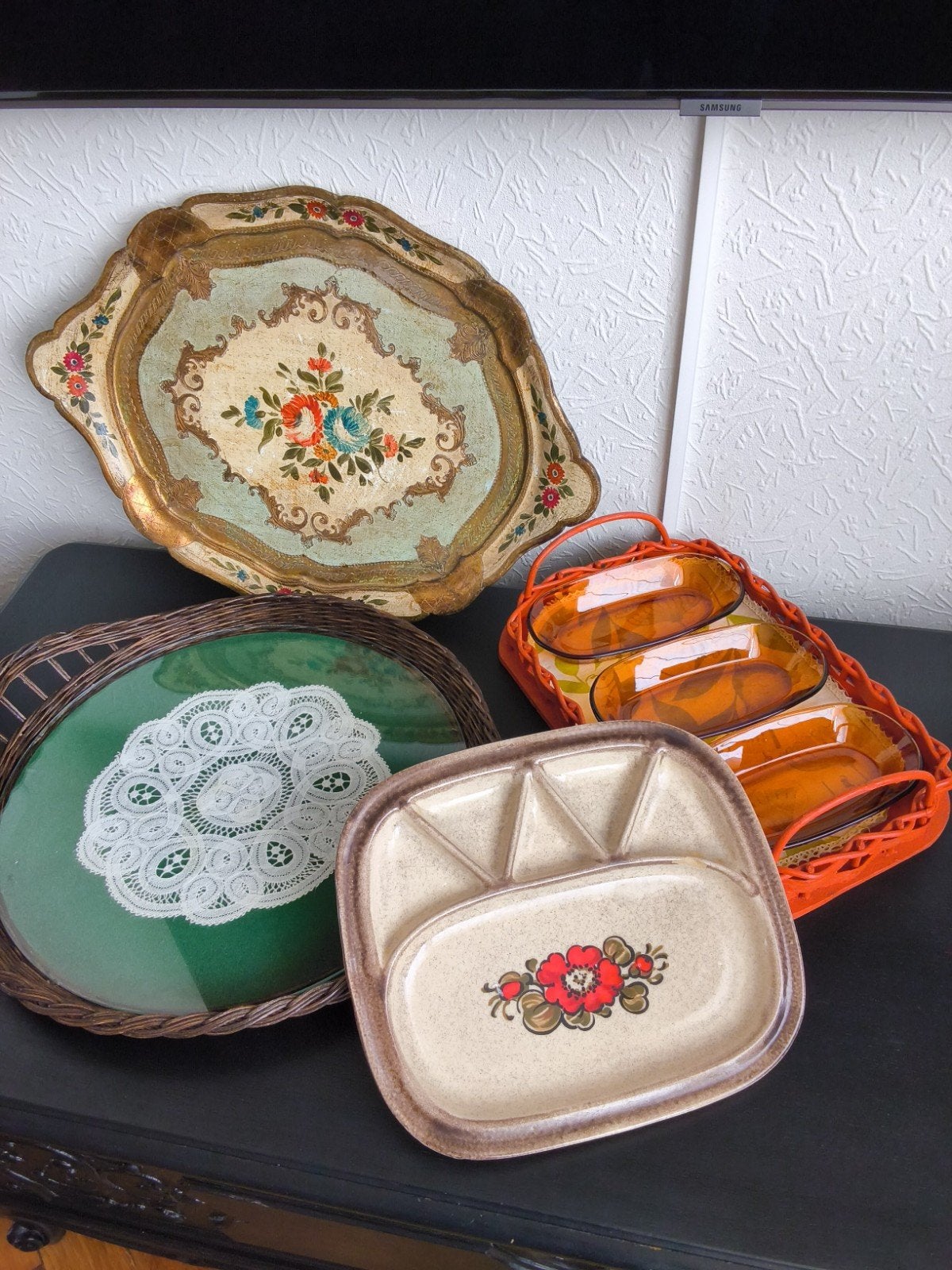 vintage  dienbladen  ,hapjesschaaltjes, Huis en Inrichting, Ophalen, Gebruikt, Natuurlijk materiaal, Handgemaakt