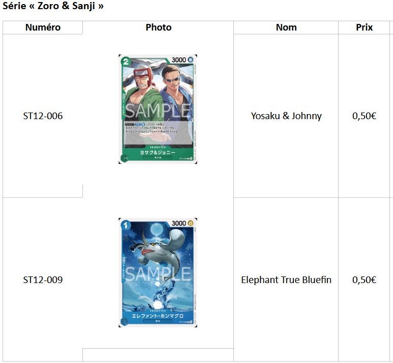 Cartes japonaises One Piece – ST12 – Zoro & Sanji, Enlèvement, Comme neuf