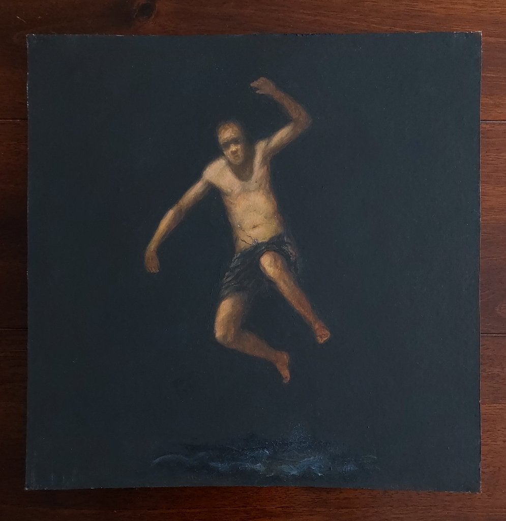 Schilderijtje van Springende Man in het Water - Olieverf, Antiek en Kunst, Kunst | Schilderijen | Klassiek, Ophalen of Verzenden
