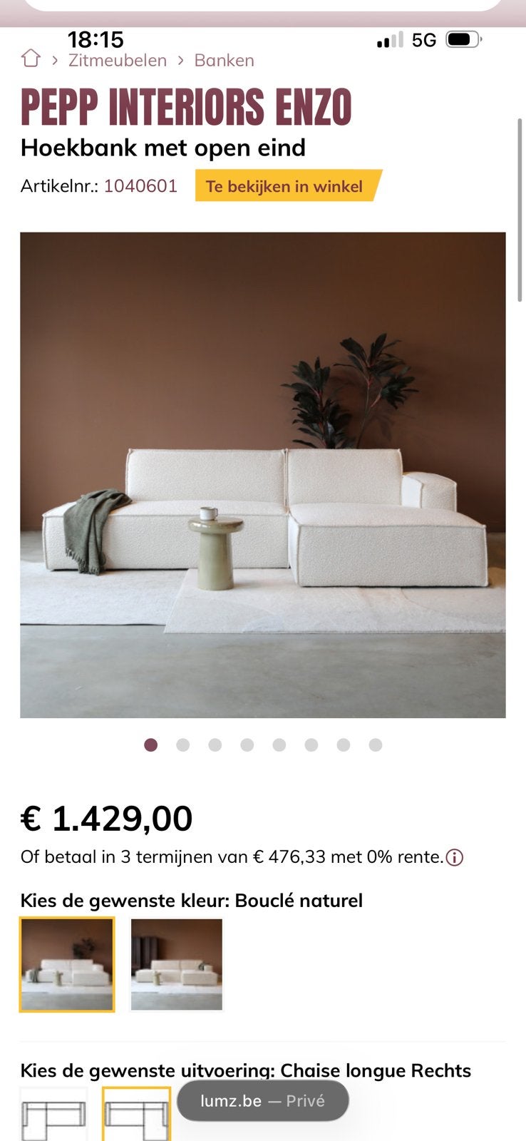 LUMZ zetel - beschikbaar vanaf 1 augustus, Huis en Inrichting, Ophalen, 250 tot 300 cm, 125 tot 150 cm, Hoekbank