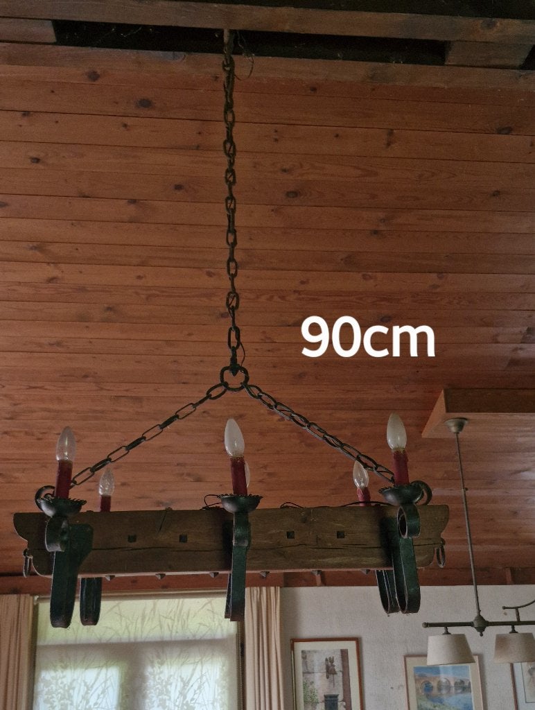LUSTRE en CHENE et FER FORGE, Enlèvement, Bois, RUSTIQUE, E27 (grand)