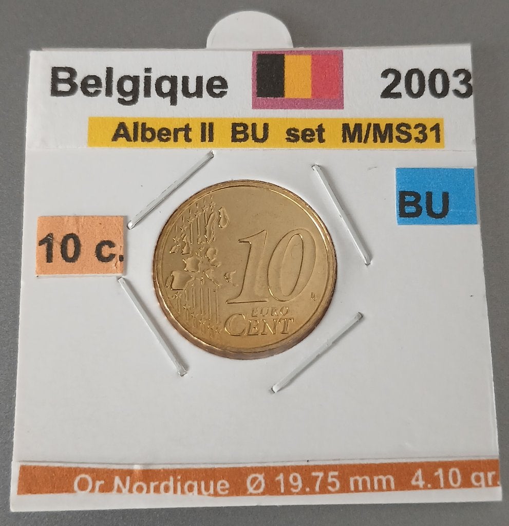 Belgique 10 ctmes ALBERT II année 2003 BU issu du set M/MS31, Monnaie en vrac, Belgique, 10 centimes, Or