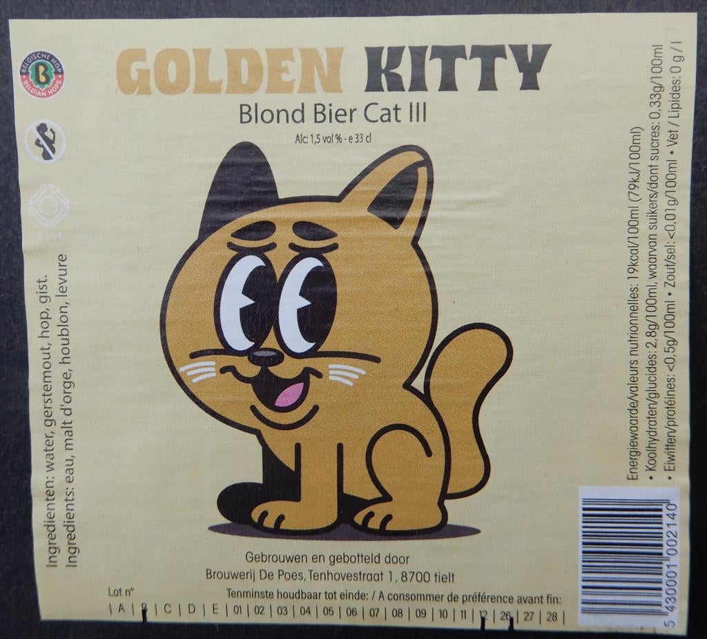 Étiquette de bière Golden Kitty Brasserie De Poes (13g5), Envoi, Utilisé