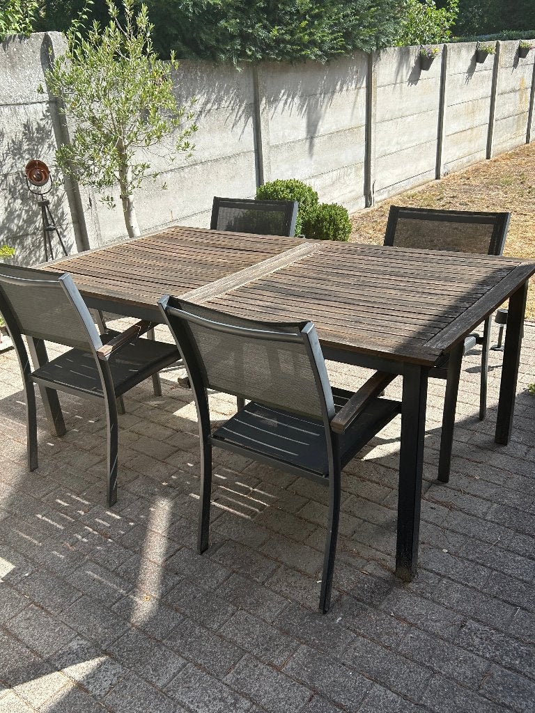 Uitschuifbare tuintafel met 4 bijhorende tuinstoelen, Ophalen, Gebruikt, Rechthoekig, Hout