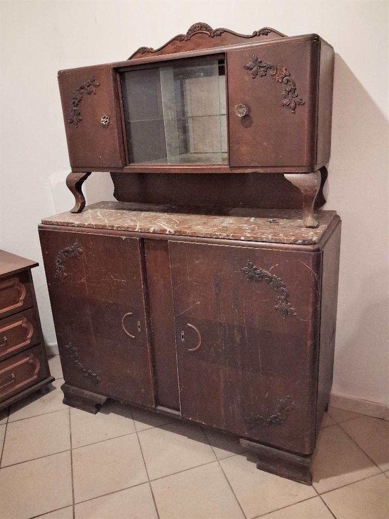 vintage retro , kast met vitrine marmer tablet 180x130x48 cm, Huis en Inrichting, Ophalen, Gebruikt