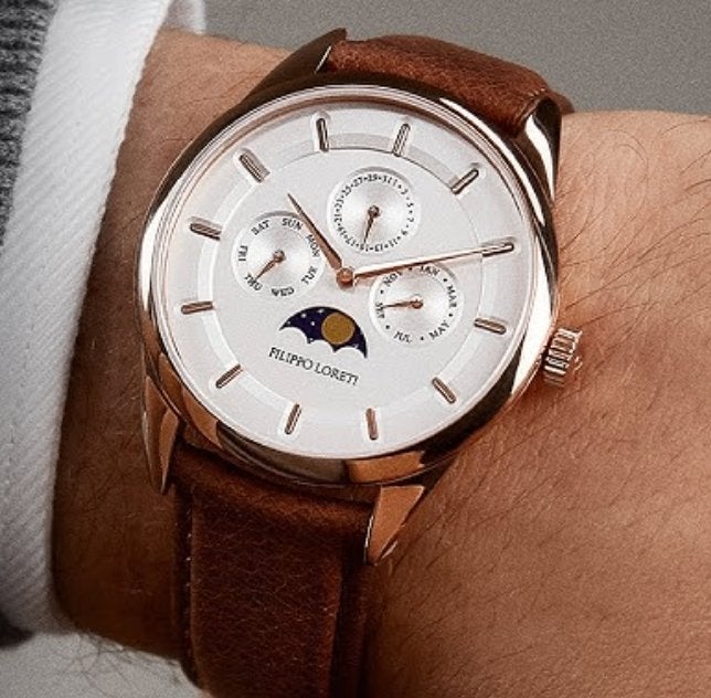 Herenhorloge FILIPPO LORETI "Venice Moonphase Gold", Autres marques, Enlèvement ou Envoi, Cuir, Acier