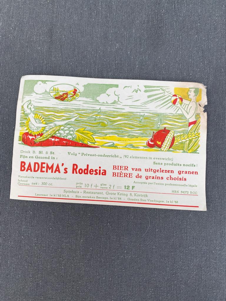 Oud etiket BADEMA's Rodesia bier - KORTRIJK, Ophalen of Verzenden, Gebruikt